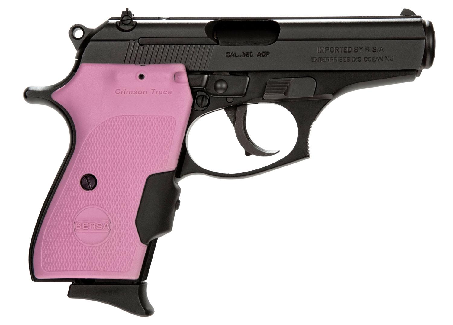 Buy Bersa Thunder 380 Combat Plus Pistol T380M8CTP, 380 ACP, 3.5", Pink Rubber/Crimson Trace Laser Grips, Black Finish, 8 Rds Online » Bersa Guns